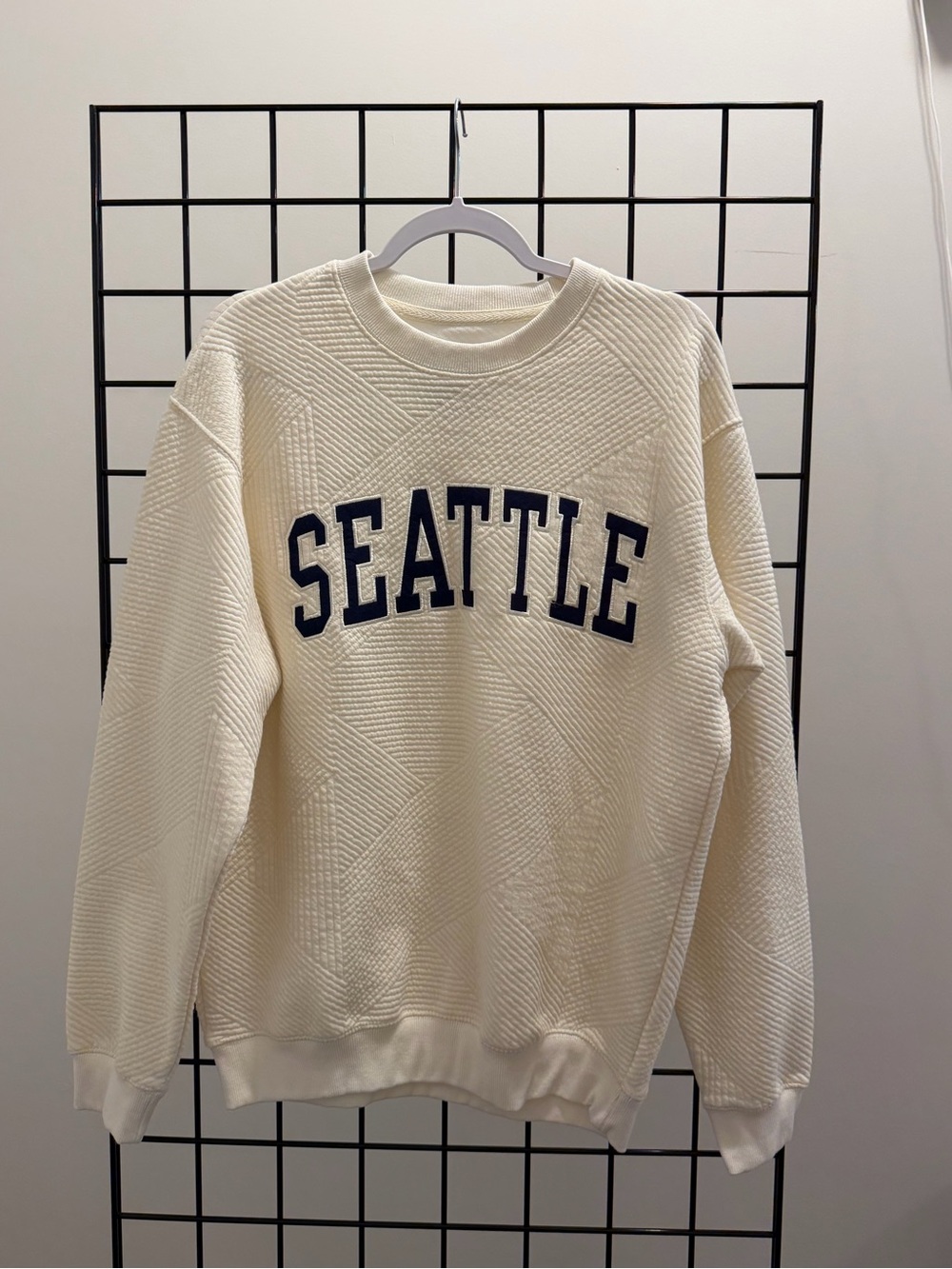 Cream Crewneck Sweater with Navy "SEATTLE" Lettering